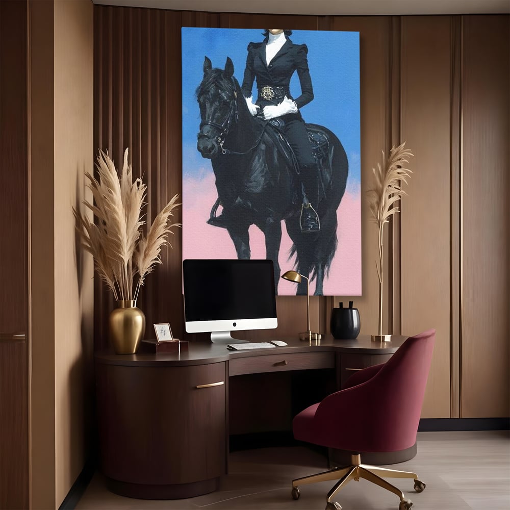 Tablou canvas cu tablou canvas cu femeie calare pe armasar, fara rama, pe sasiu de lemn, pe perete intr-un birou